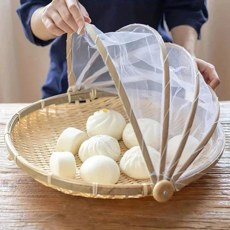 CestFresh - Cesto de Bamboo Com Cobertura de Tela Retrátil Protetor de Alimentos - Entrega Grátis